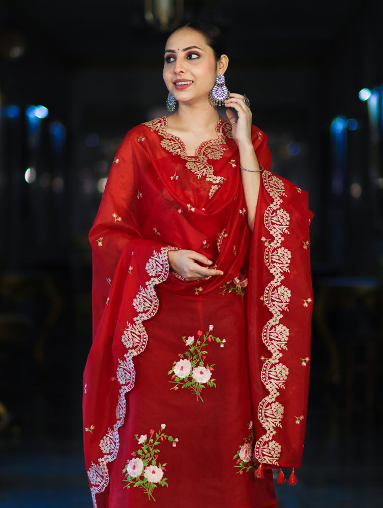 Banarasee Resham Embroidered Chanderi Salwar Kameez With Organza Dupatta Set-Red
