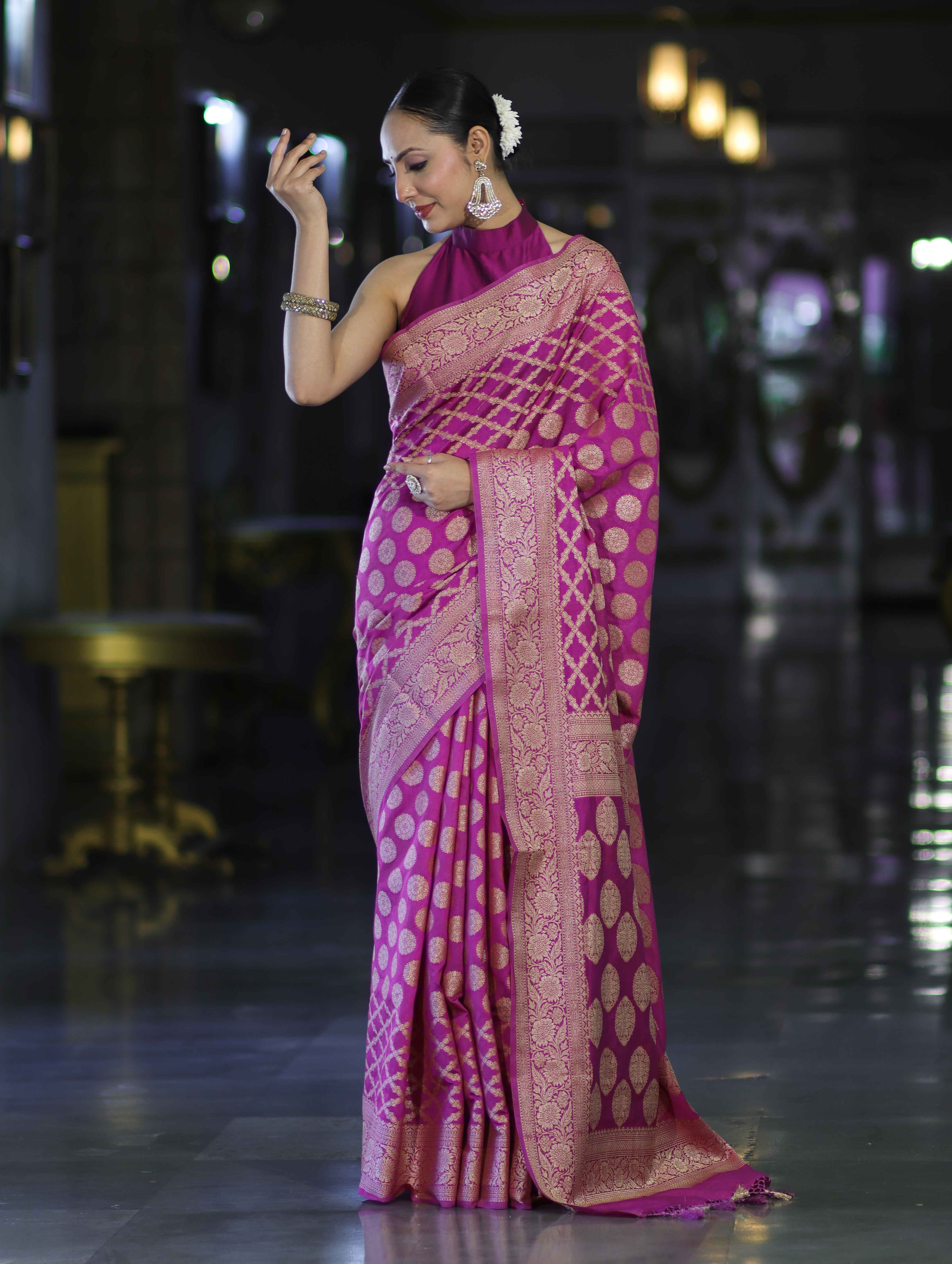 Banarasee Handloom Semi Silk Saree With Zari Woven Design & Border-Magenta