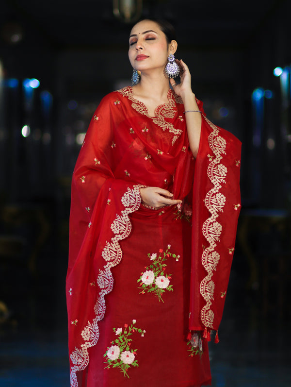 Banarasee Resham Embroidered Chanderi Salwar Kameez With Organza Dupatta Set-Red
