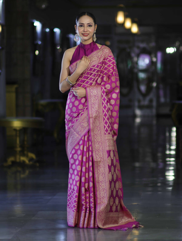 Banarasee Handloom Semi Silk Saree With Zari Woven Design & Border-Magenta