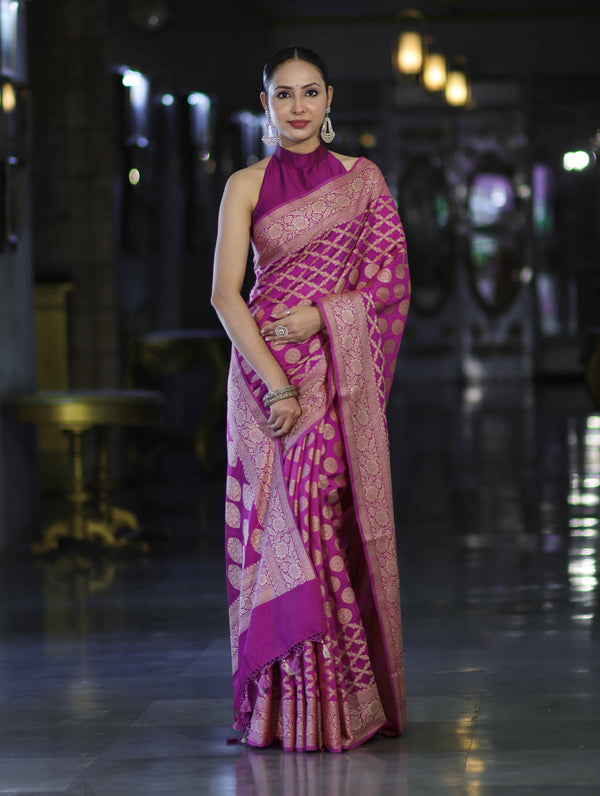 Banarasee Handloom Semi Silk Saree With Zari Woven Design & Border-Magenta