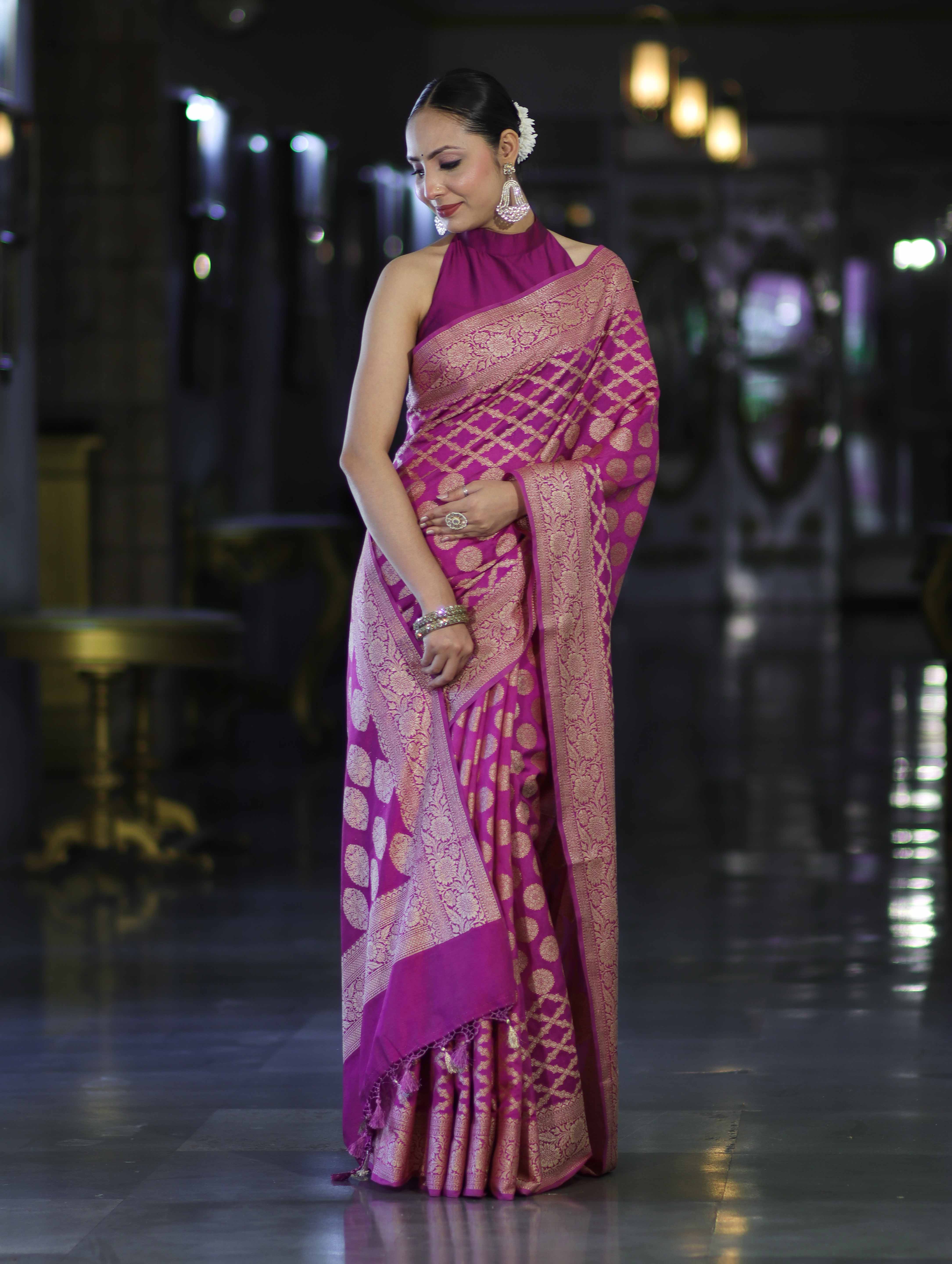 Banarasee Handloom Semi Silk Saree With Zari Woven Design & Border-Magenta