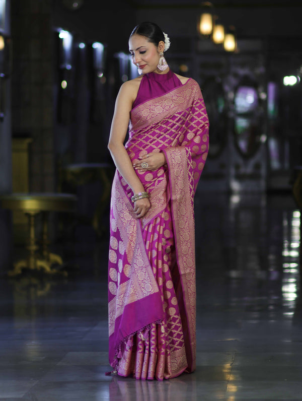 Banarasee Handloom Semi Silk Saree With Zari Woven Design & Border-Magenta