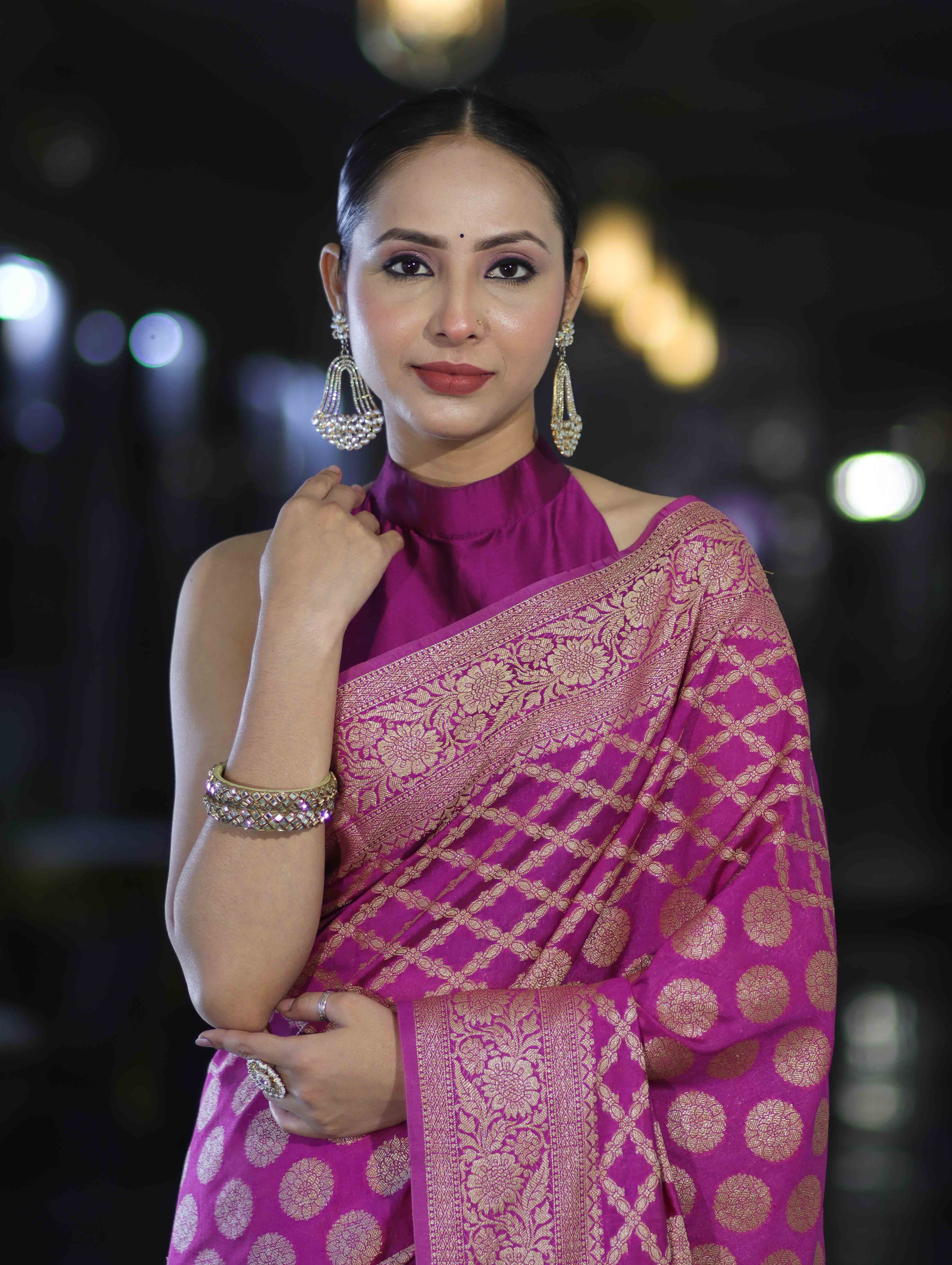 Banarasee Handloom Semi Silk Saree With Zari Woven Design & Border-Magenta