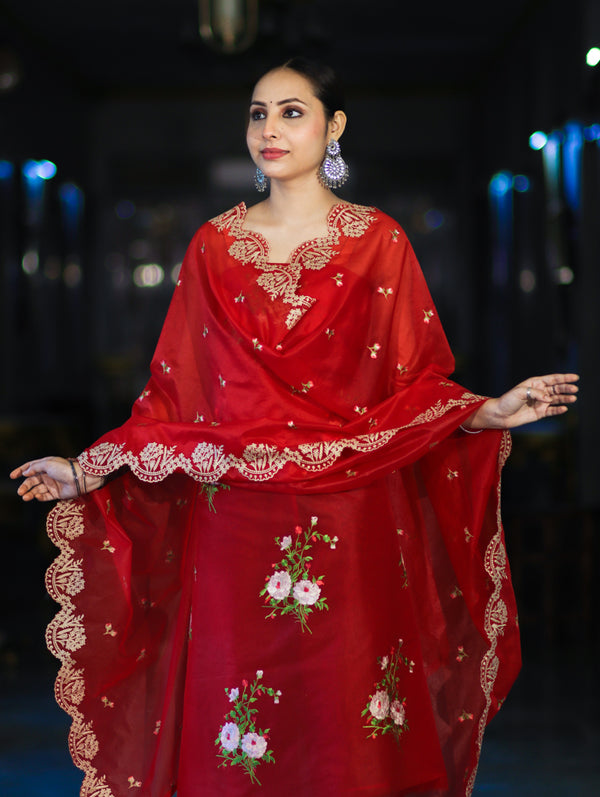 Banarasee Resham Embroidered Chanderi Salwar Kameez With Organza Dupatta Set-Red