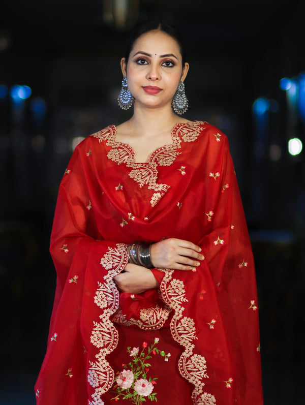 Banarasee Resham Embroidered Chanderi Salwar Kameez With Organza Dupatta Set-Red
