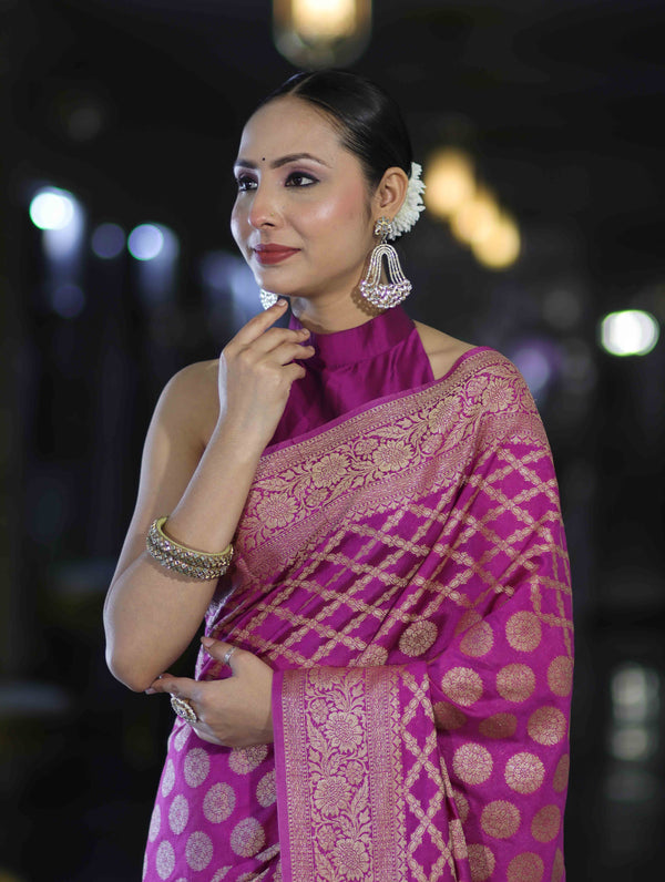 Banarasee Handloom Semi Silk Saree With Zari Woven Design & Border-Magenta