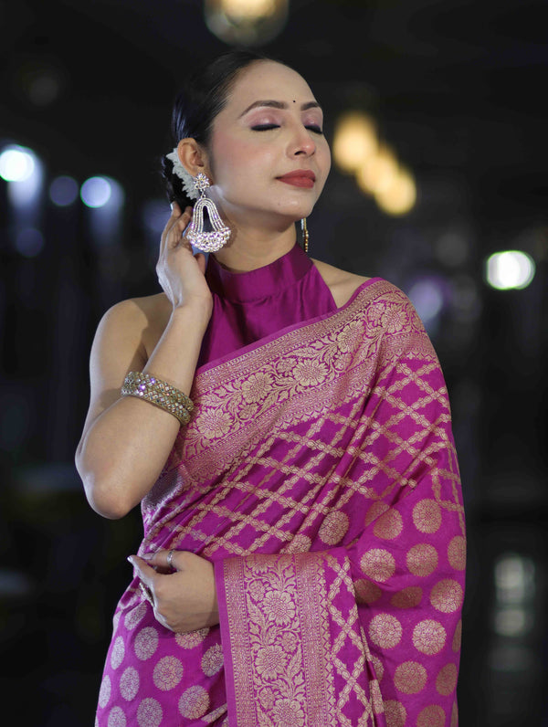 Banarasee Handloom Semi Silk Saree With Zari Woven Design & Border-Magenta