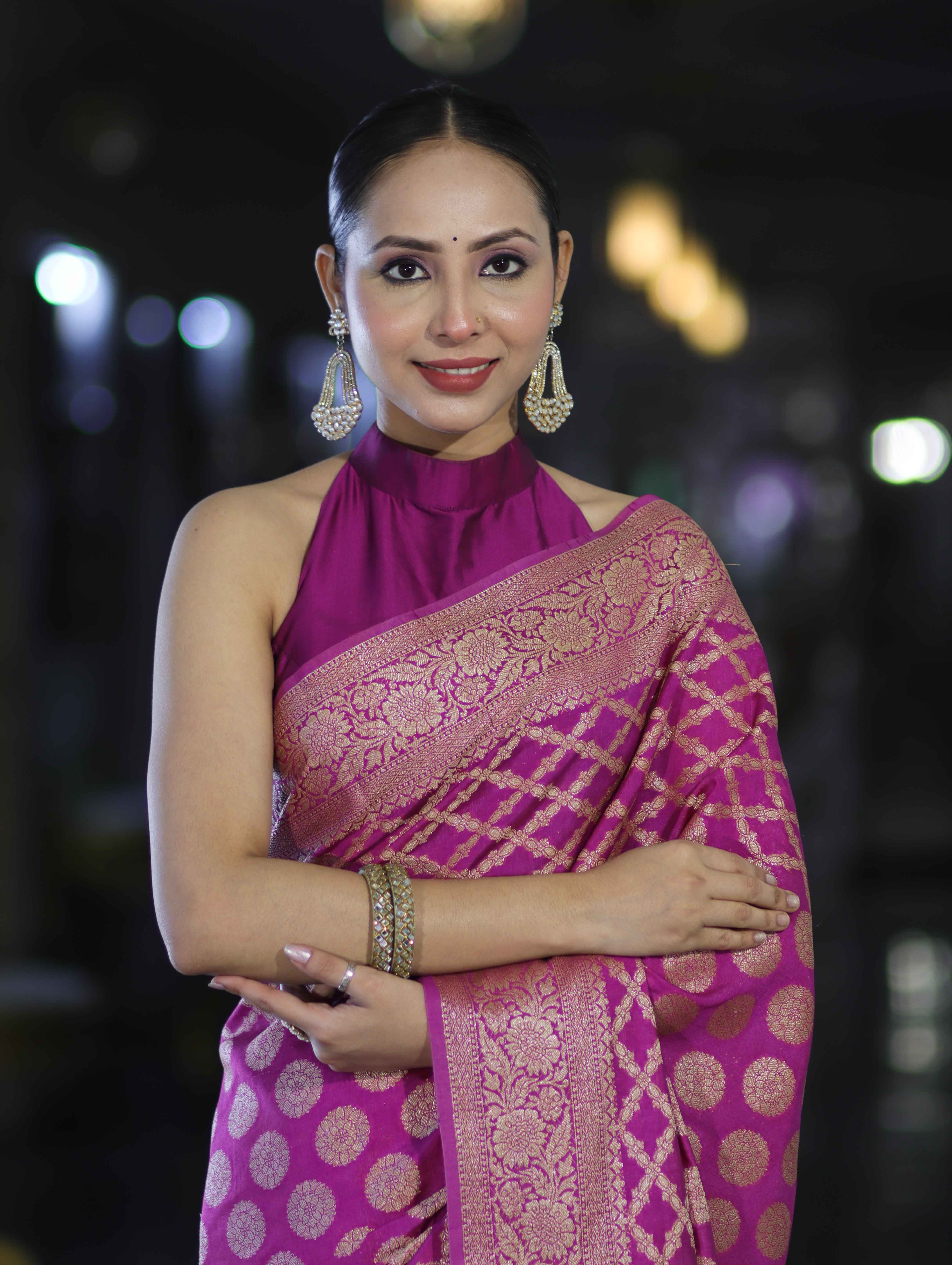 Banarasee Handloom Semi Silk Saree With Zari Woven Design & Border-Magenta