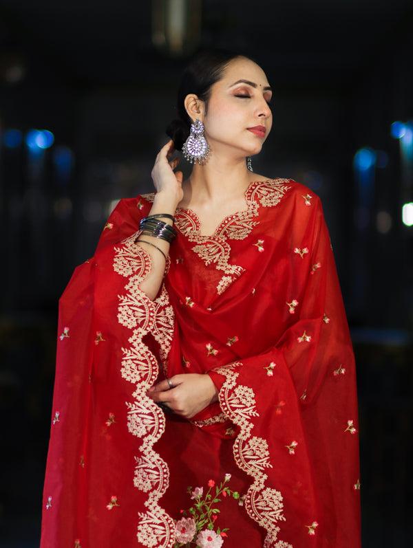 Banarasee Resham Embroidered Chanderi Salwar Kameez With Organza Dupatta Set-Red