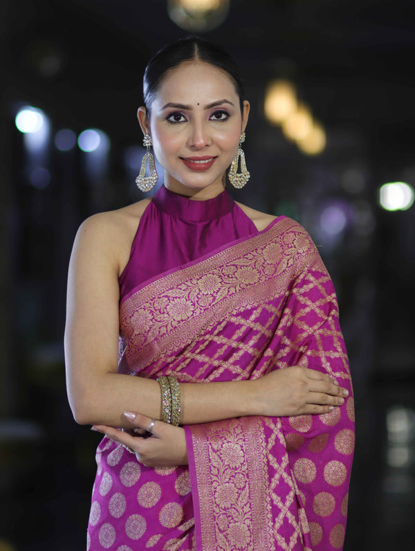 Banarasee Handloom Semi Silk Saree With Zari Woven Design & Border-Magenta