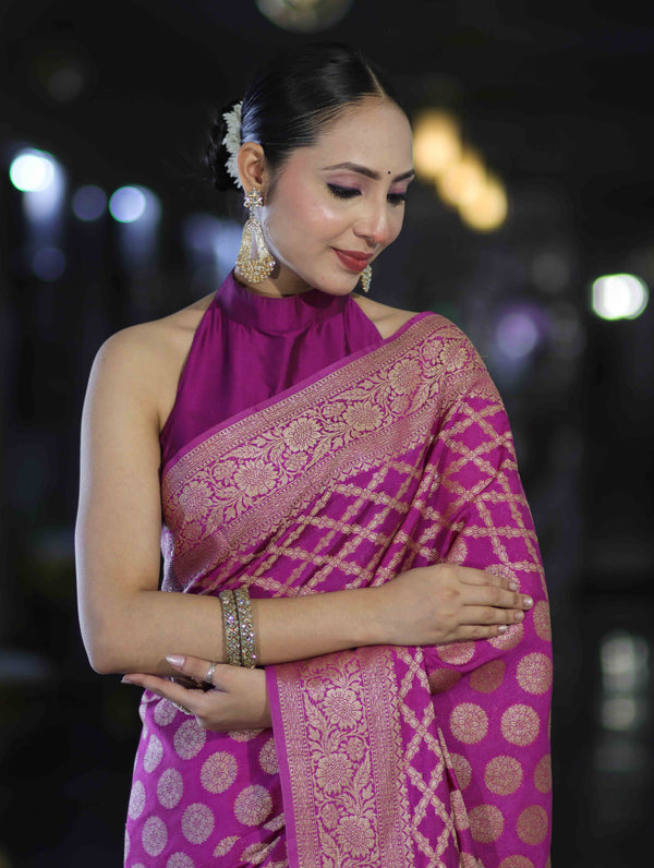 Banarasee Handloom Semi Silk Saree With Zari Woven Design & Border-Magenta