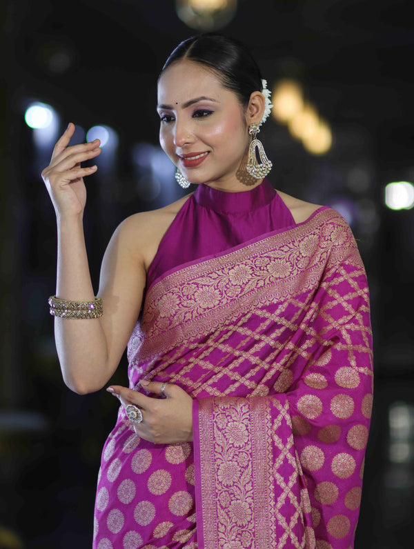 Banarasee Handloom Semi Silk Saree With Zari Woven Design & Border-Magenta