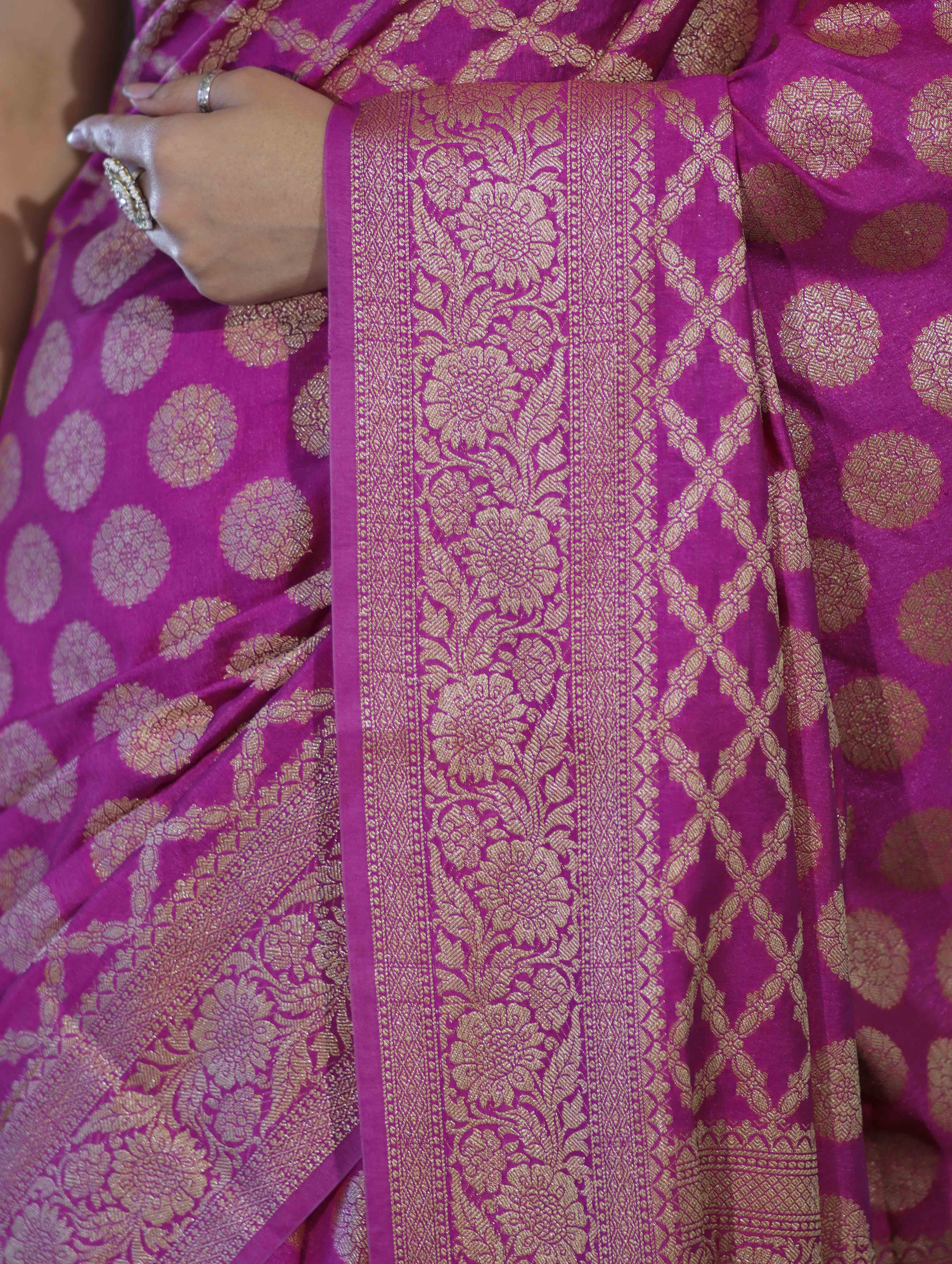 Banarasee Handloom Semi Silk Saree With Zari Woven Design & Border-Magenta