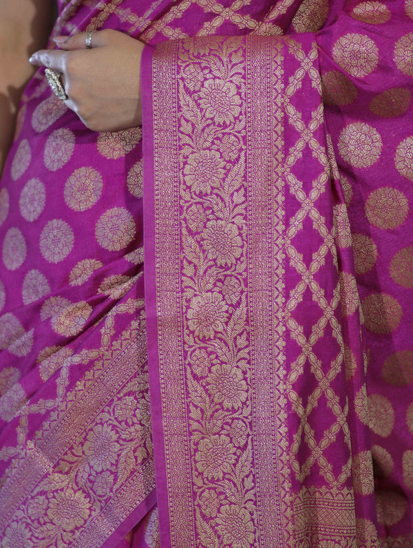 Banarasee Handloom Semi Silk Saree With Zari Woven Design & Border-Magenta