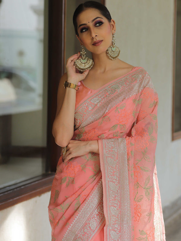 Banarasee Pure Georgette Saree With Embroidery Work-Peach