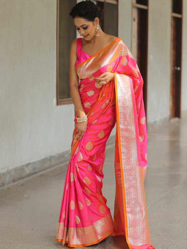 Banarasee Handwoven Semi-Katan Tanchoi Weaving Floral Border Saree-Pink