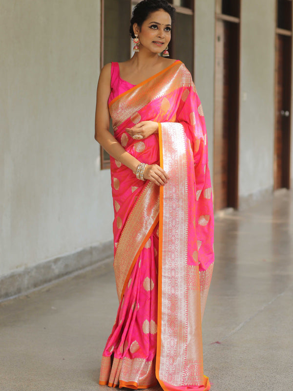 Banarasee Handwoven Semi-Katan Tanchoi Weaving Floral Border Saree-Pink