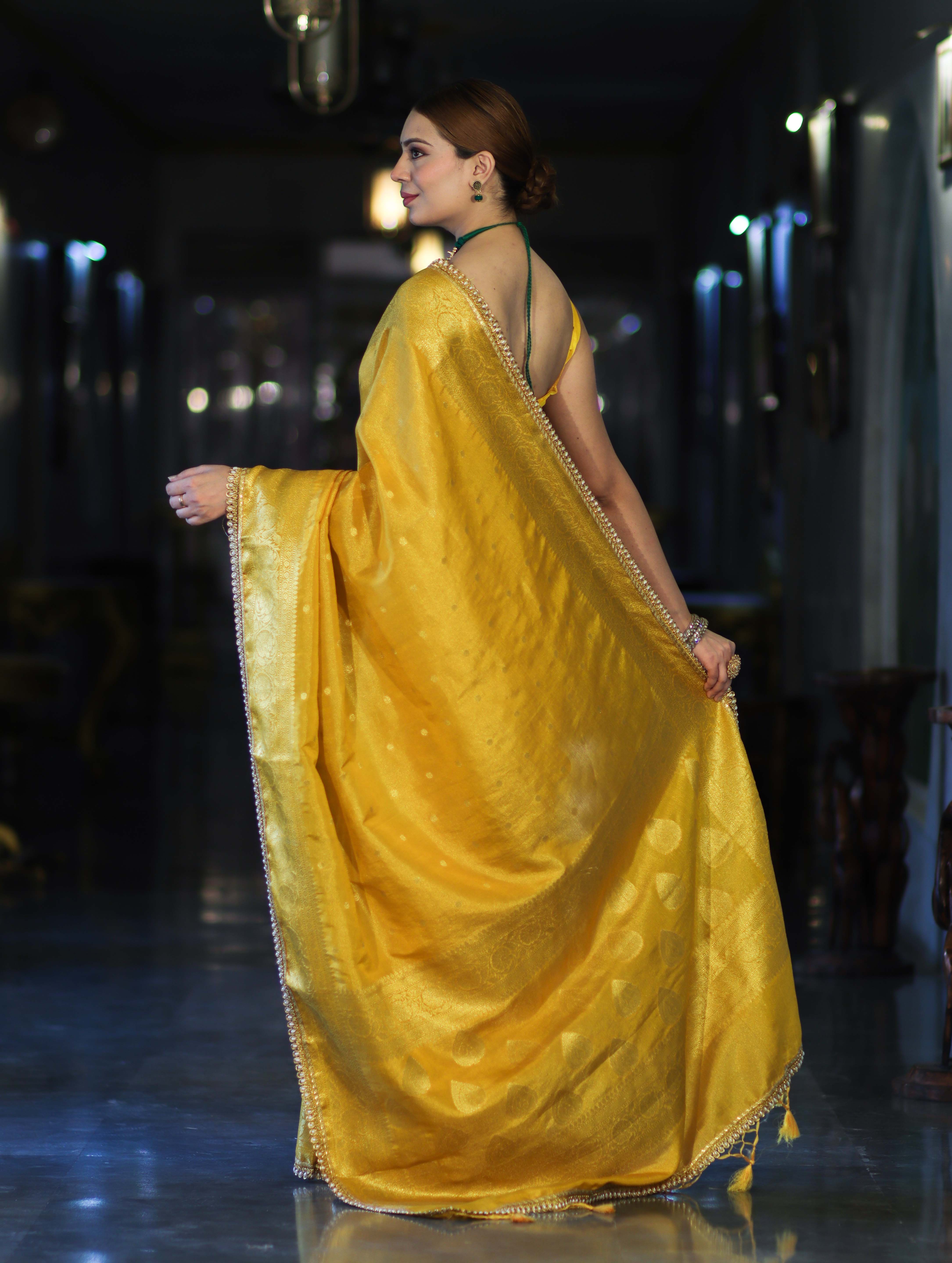 Banarasee Handloom Shimmer Silk Saree With Buti Design Floral Border & Lace-Yellow