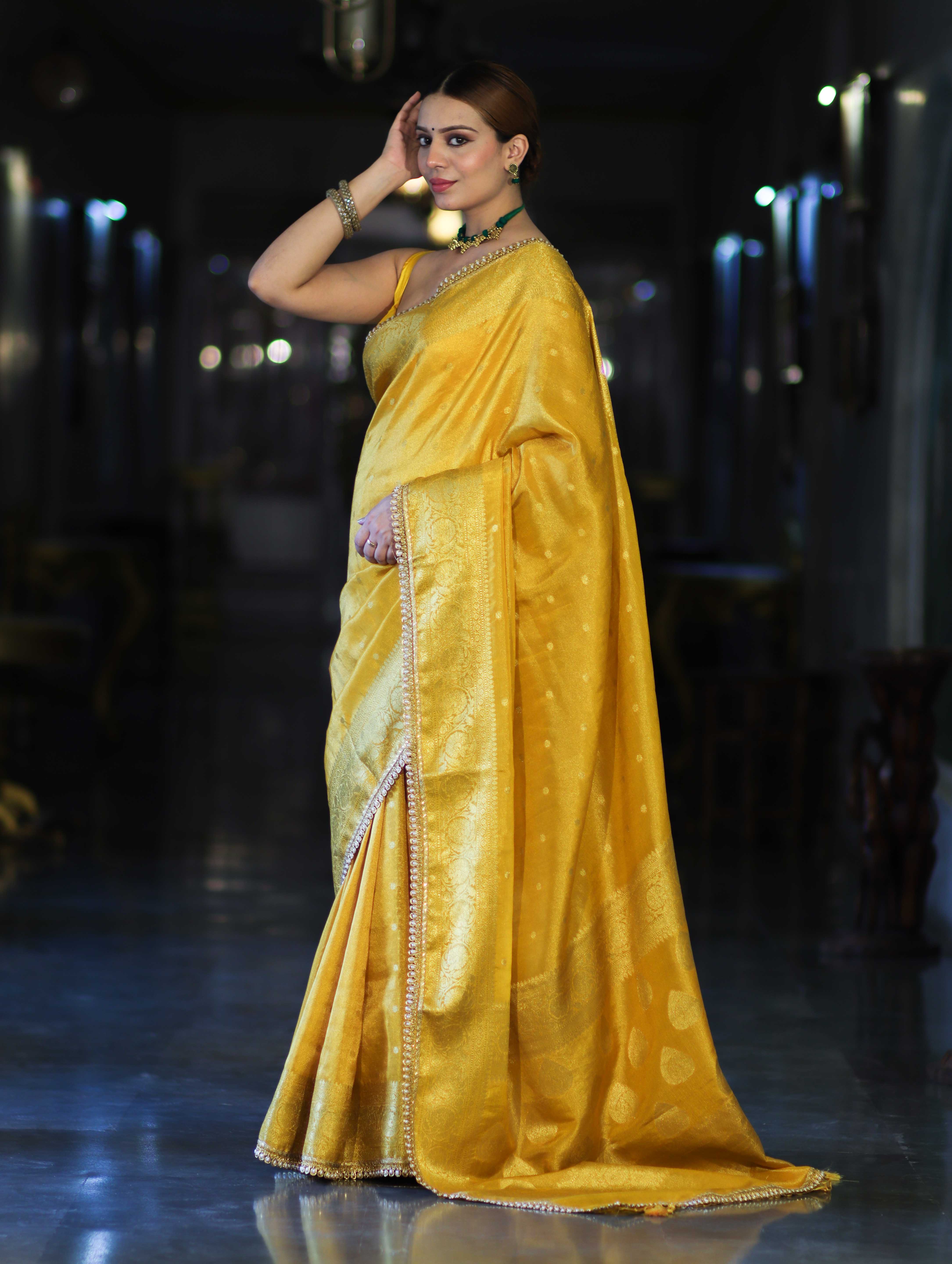 Banarasee Handloom Shimmer Silk Saree With Buti Design Floral Border & Lace-Yellow