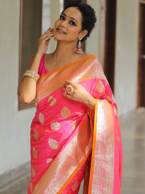 Banarasee Handwoven Semi-Katan Tanchoi Weaving Floral Border Saree-Pink