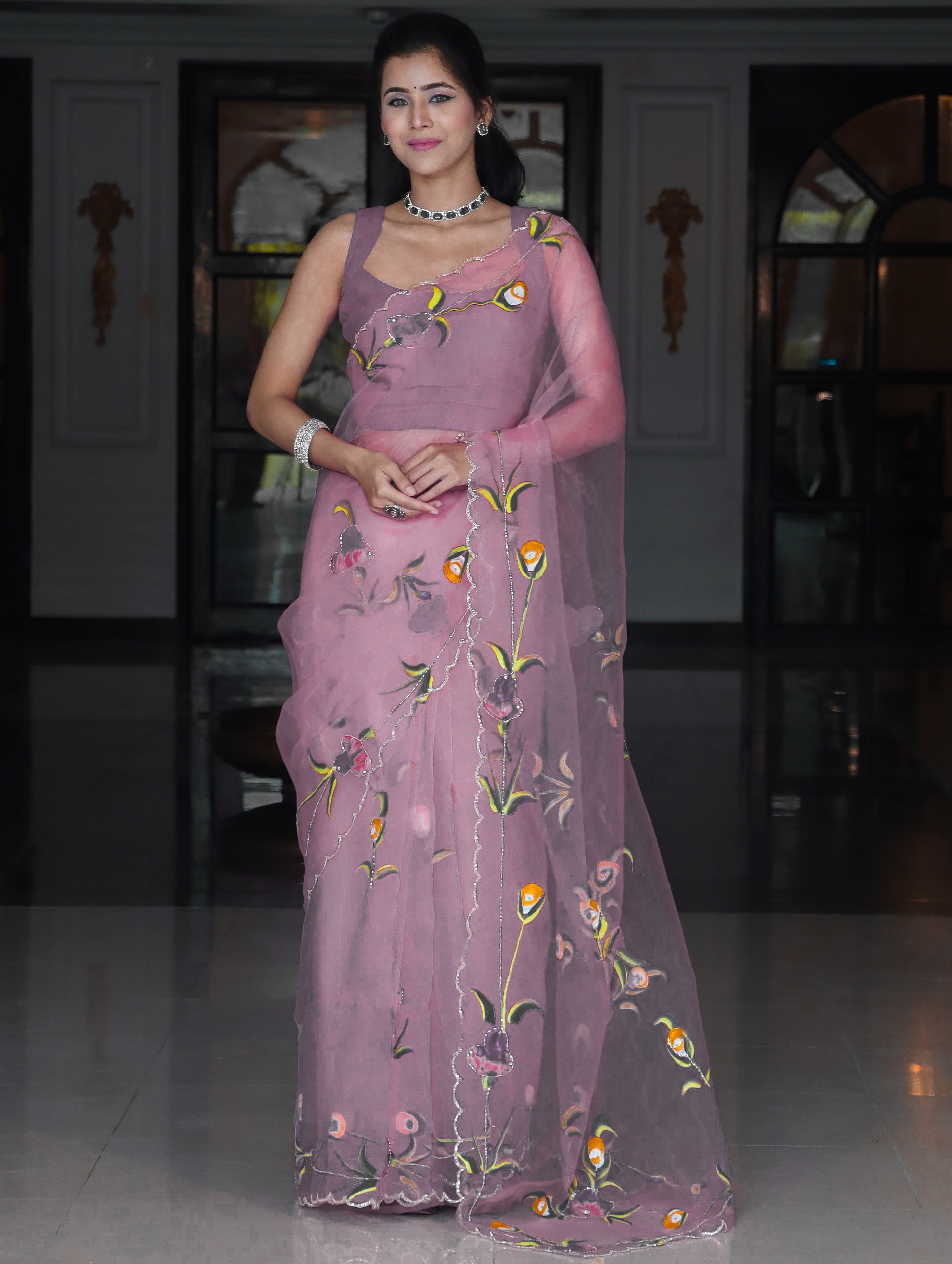 Banarasee Organza Saree With Handpainted Design and Cutdana Embroidery-Lavender