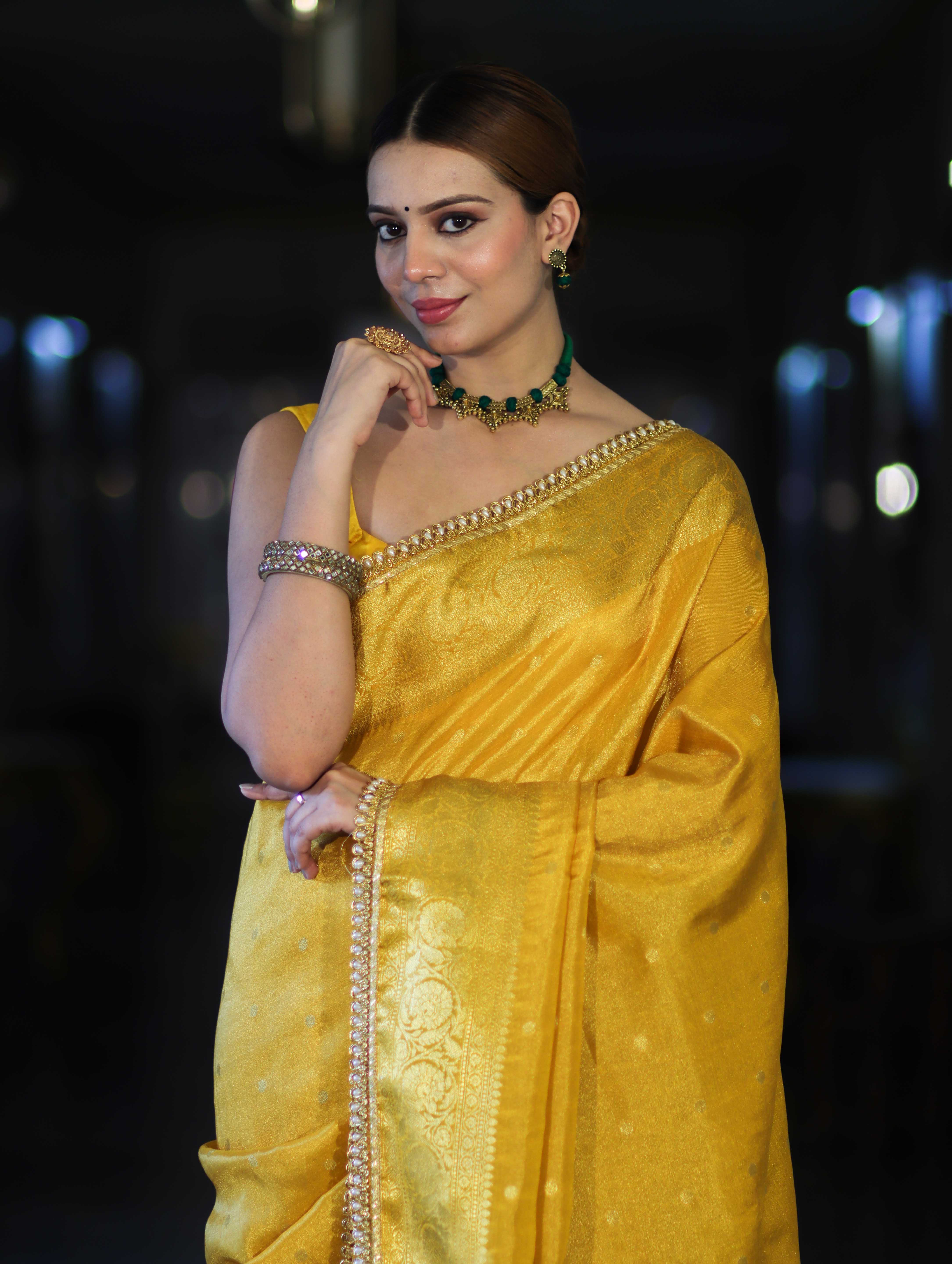 Banarasee Handloom Shimmer Silk Saree With Buti Design Floral Border & Lace-Yellow