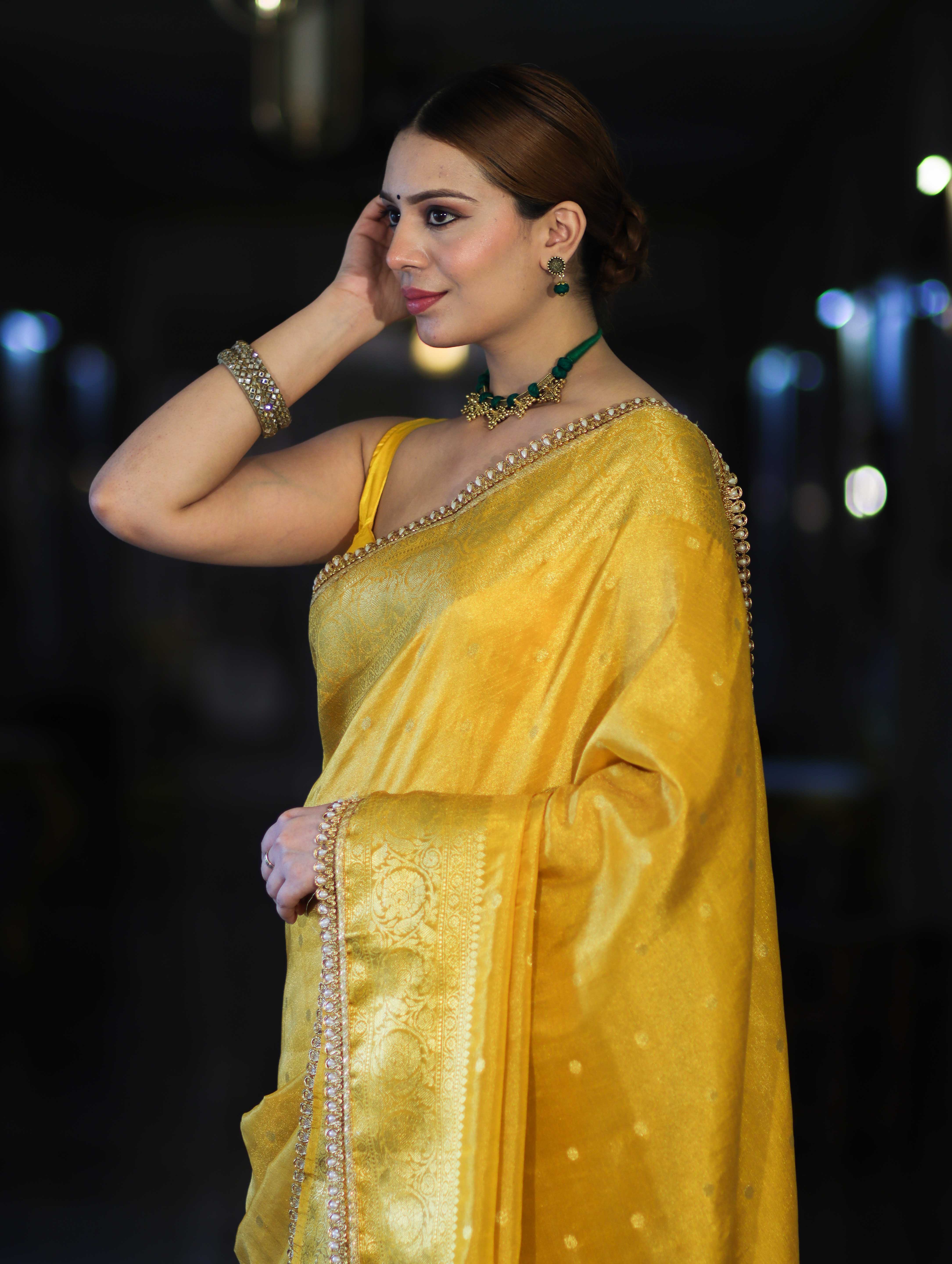 Banarasee Handloom Shimmer Silk Saree With Buti Design Floral Border & Lace-Yellow