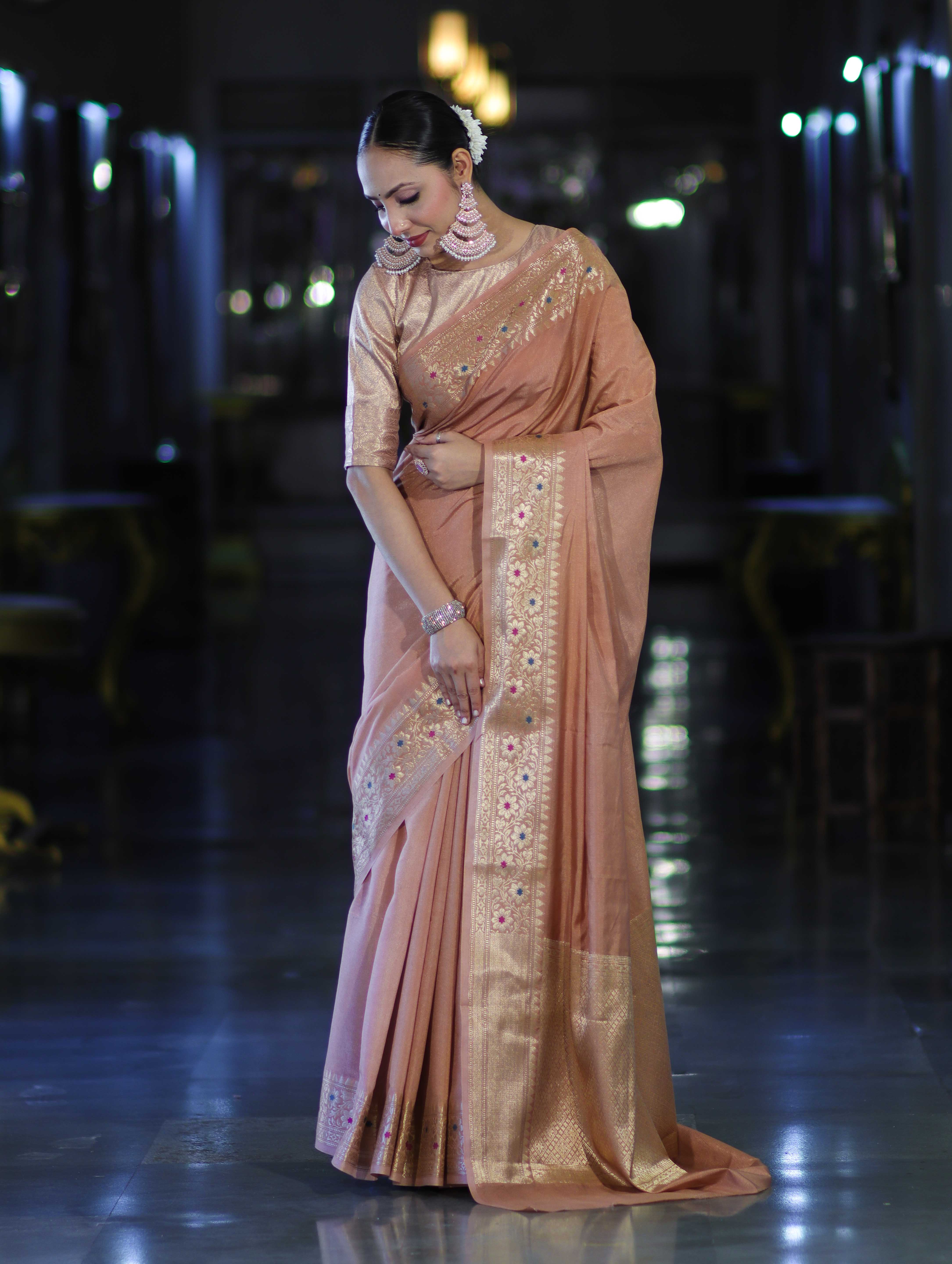 Banarasee Handloom Semi Silk Plain Saree With Zari Woven Border-Dusty Peach