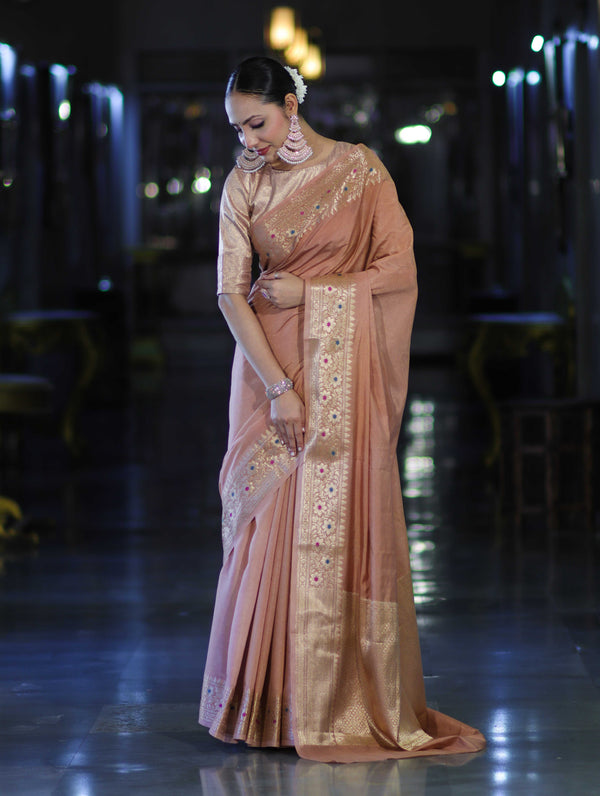Banarasee Handloom Semi Silk Plain Saree With Zari Woven Border-Dusty Peach