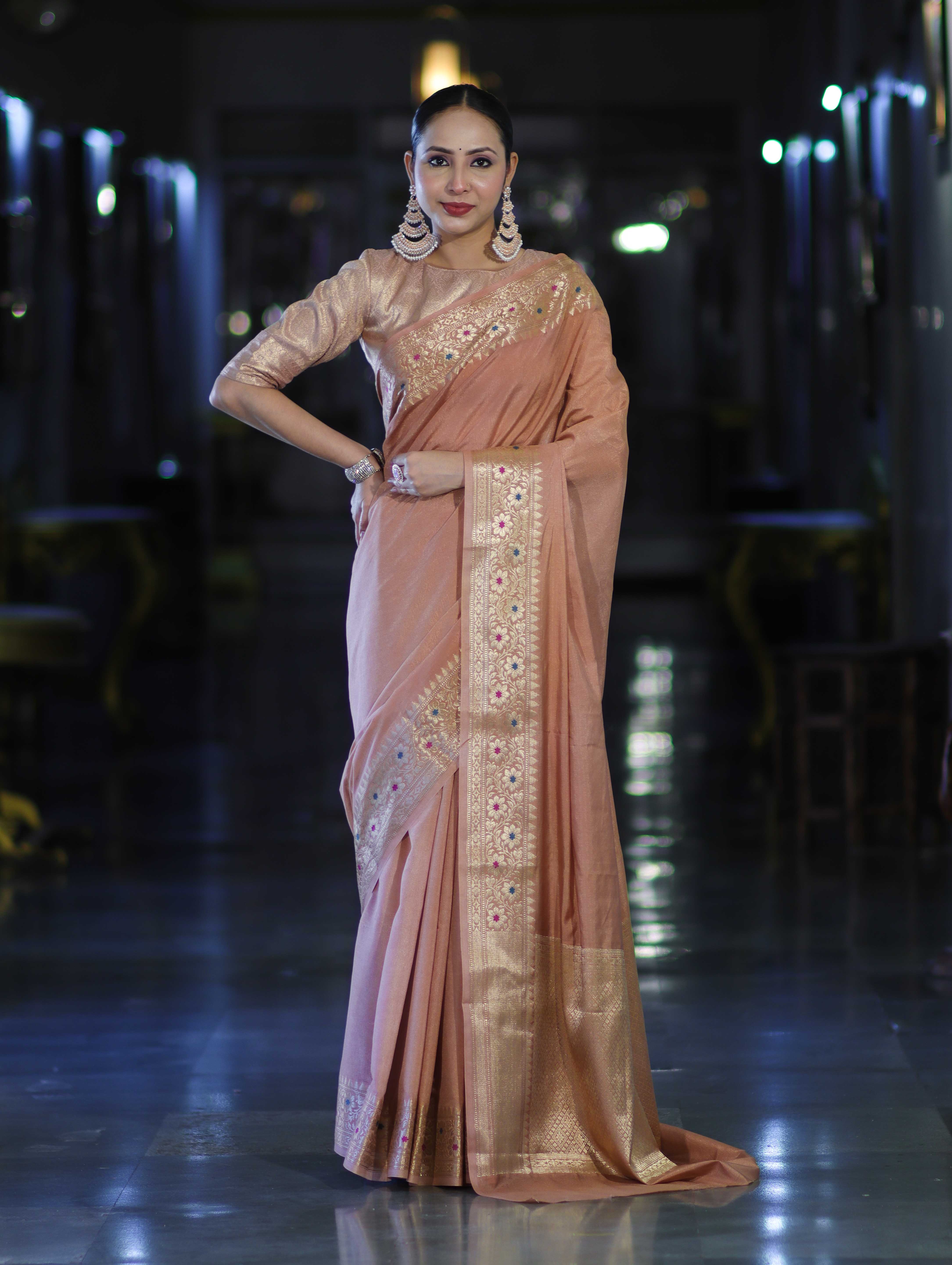 Banarasee Handloom Semi Silk Plain Saree With Zari Woven Border-Dusty Peach