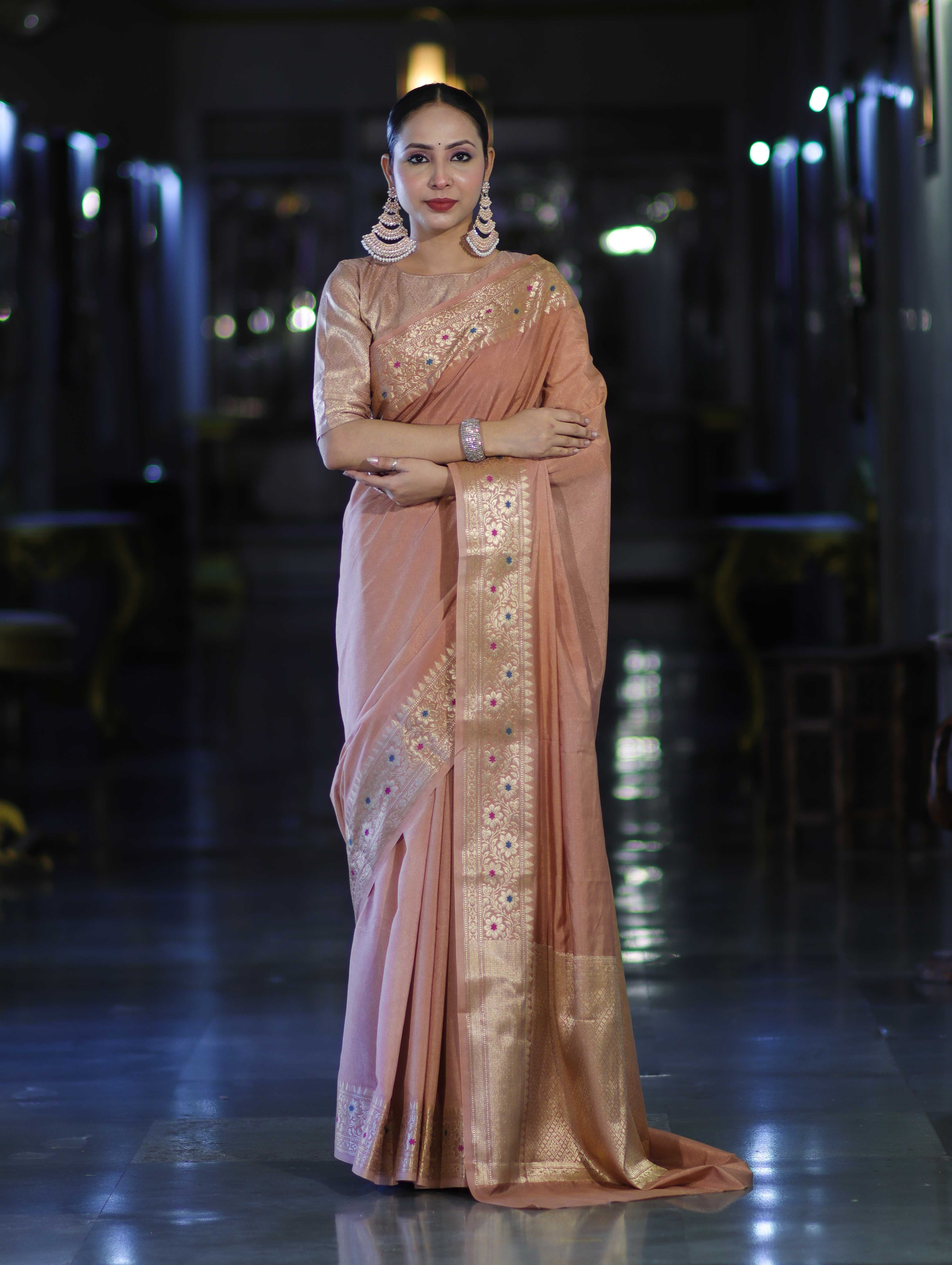 Banarasee Handloom Semi Silk Plain Saree With Zari Woven Border-Dusty Peach