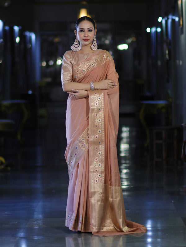 Banarasee Handloom Semi Silk Plain Saree With Zari Woven Border-Dusty Peach