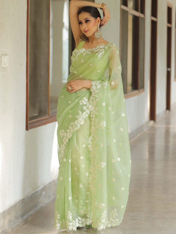 Banarasee Pure Organza Silk Saree With Floral Resham Embroidery-Light Green