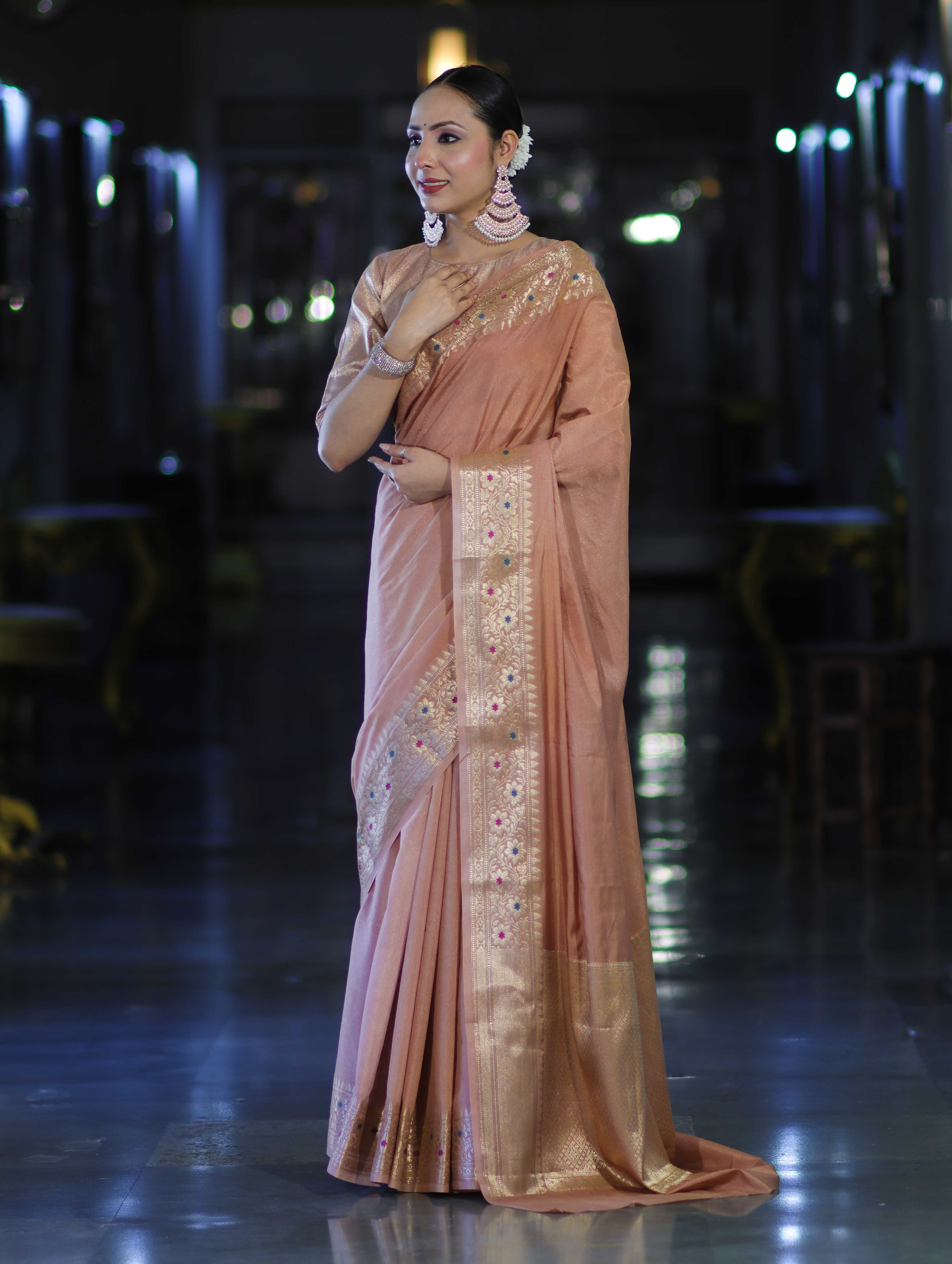 Banarasee Handloom Semi Silk Plain Saree With Zari Woven Border-Dusty Peach