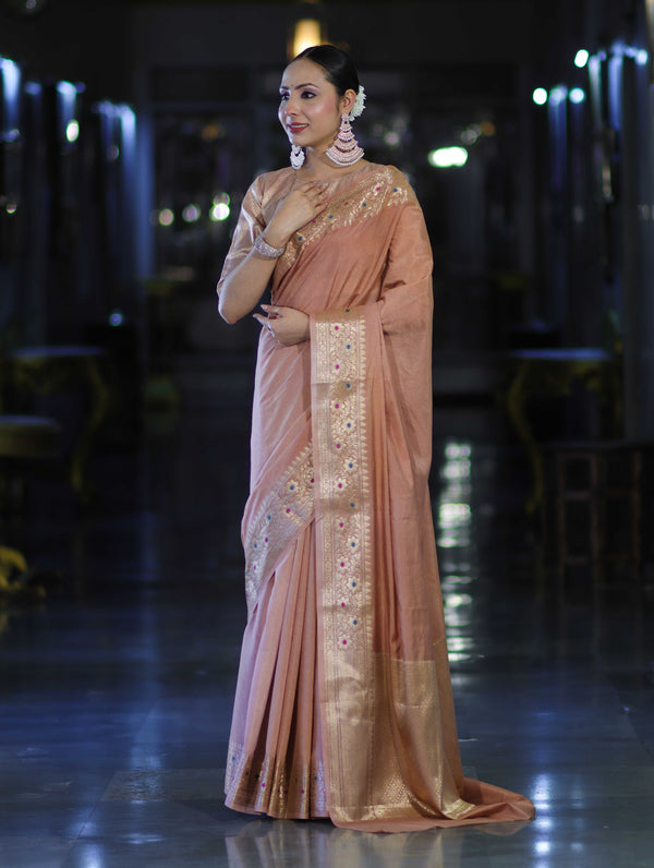 Banarasee Handloom Semi Silk Plain Saree With Zari Woven Border-Dusty Peach