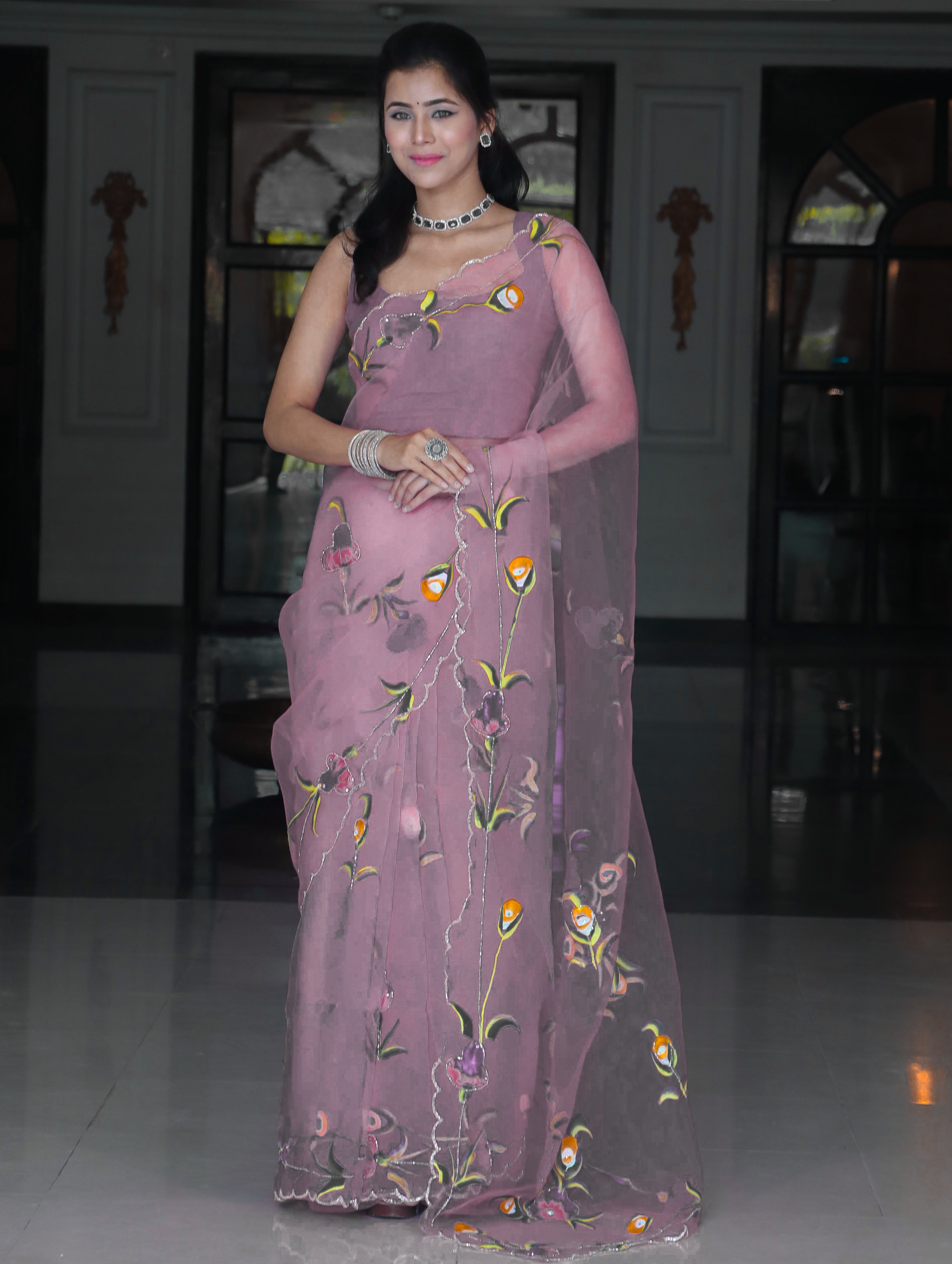 Banarasee Organza Saree With Handpainted Design and Cutdana Embroidery-Lavender
