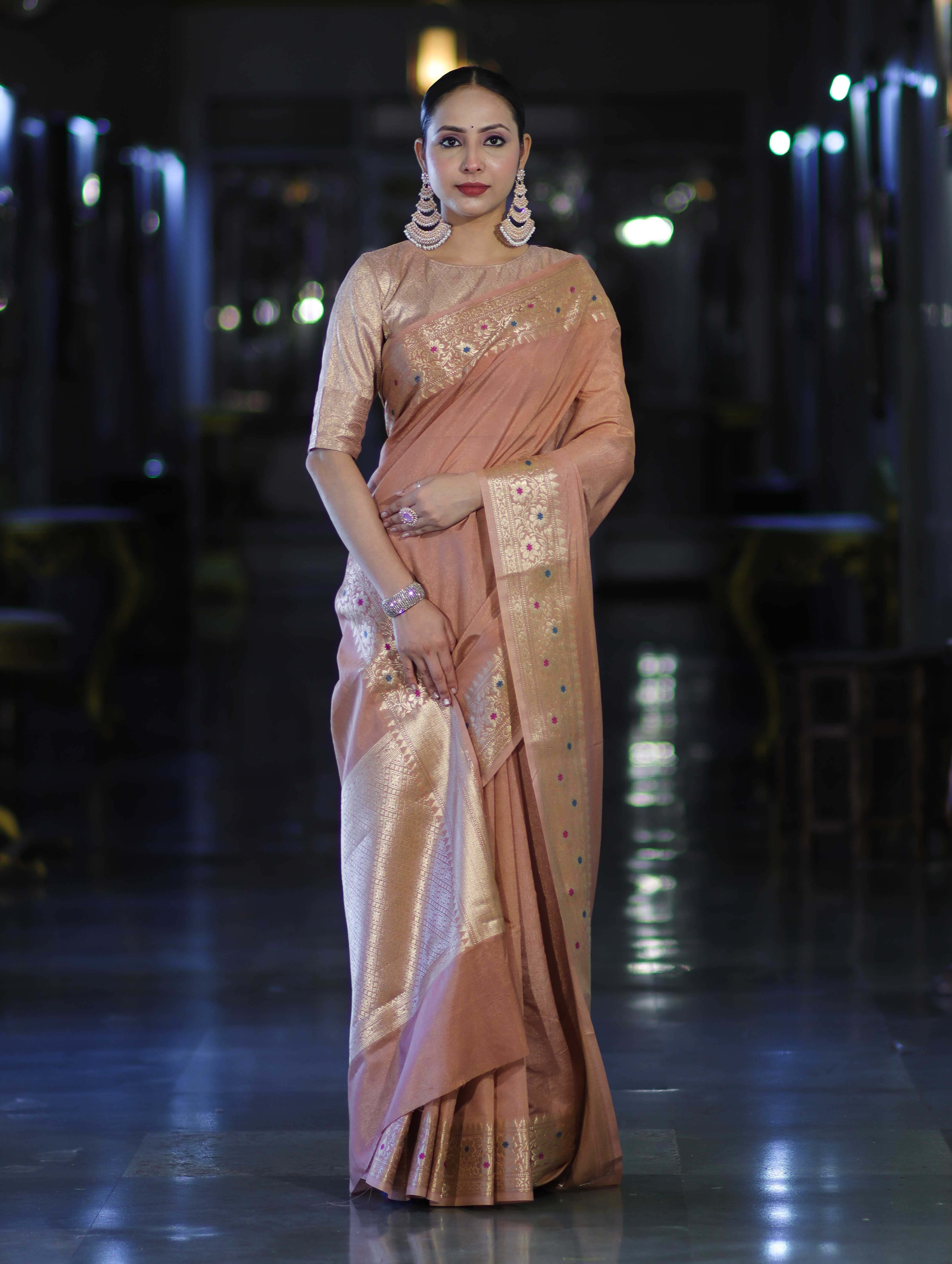 Banarasee Handloom Semi Silk Plain Saree With Zari Woven Border-Dusty Peach