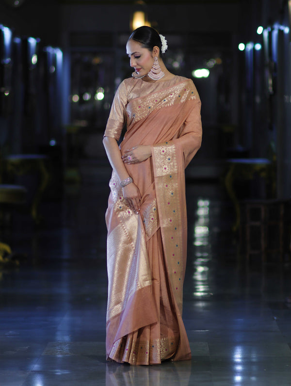 Banarasee Handloom Semi Silk Plain Saree With Zari Woven Border-Dusty Peach