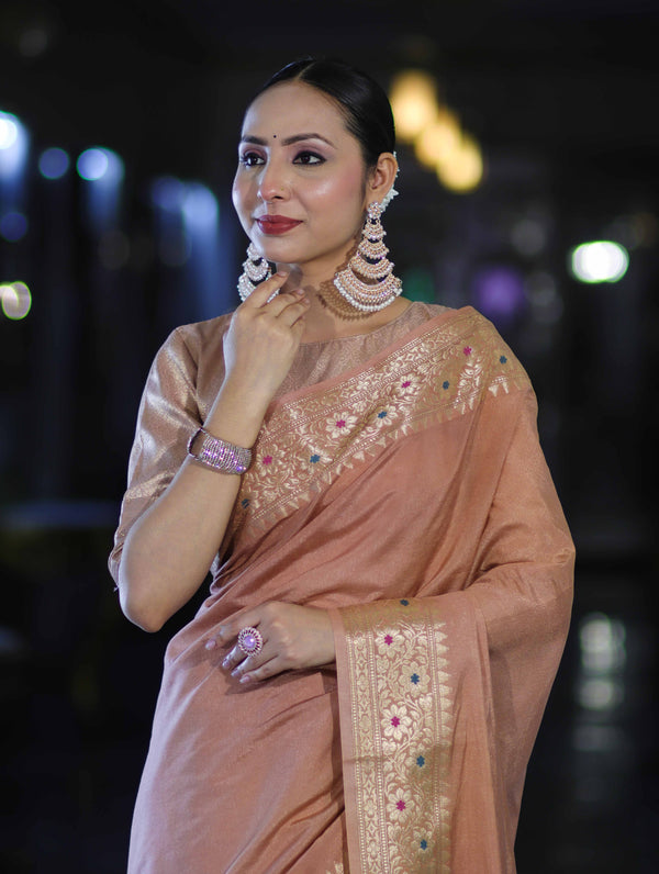 Banarasee Handloom Semi Silk Plain Saree With Zari Woven Border-Dusty Peach