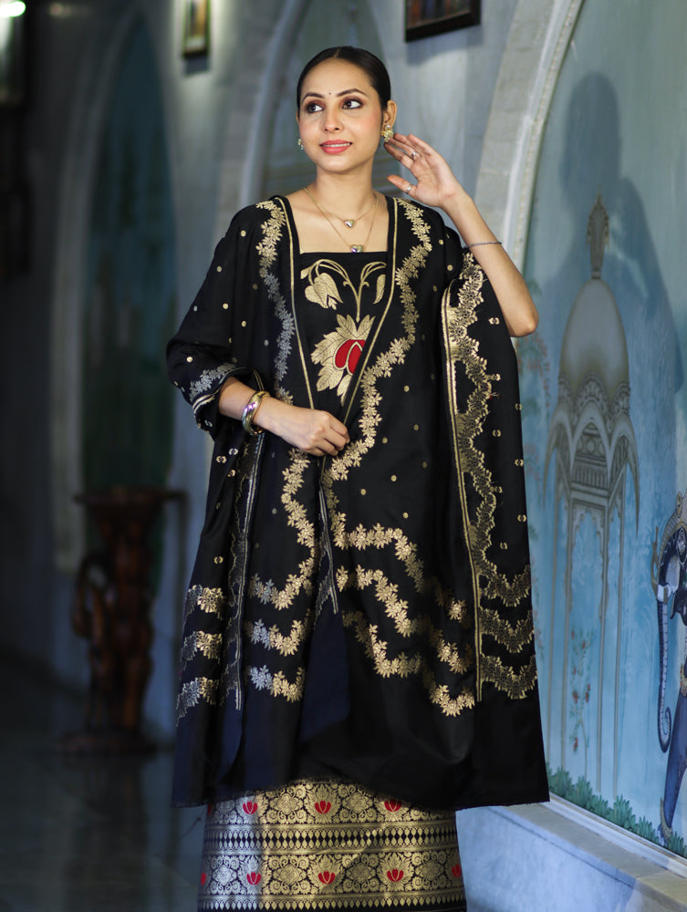 Banarasee Semi Katan Zari Work Salwar Kameez Fabric With Dupatta Set-Black