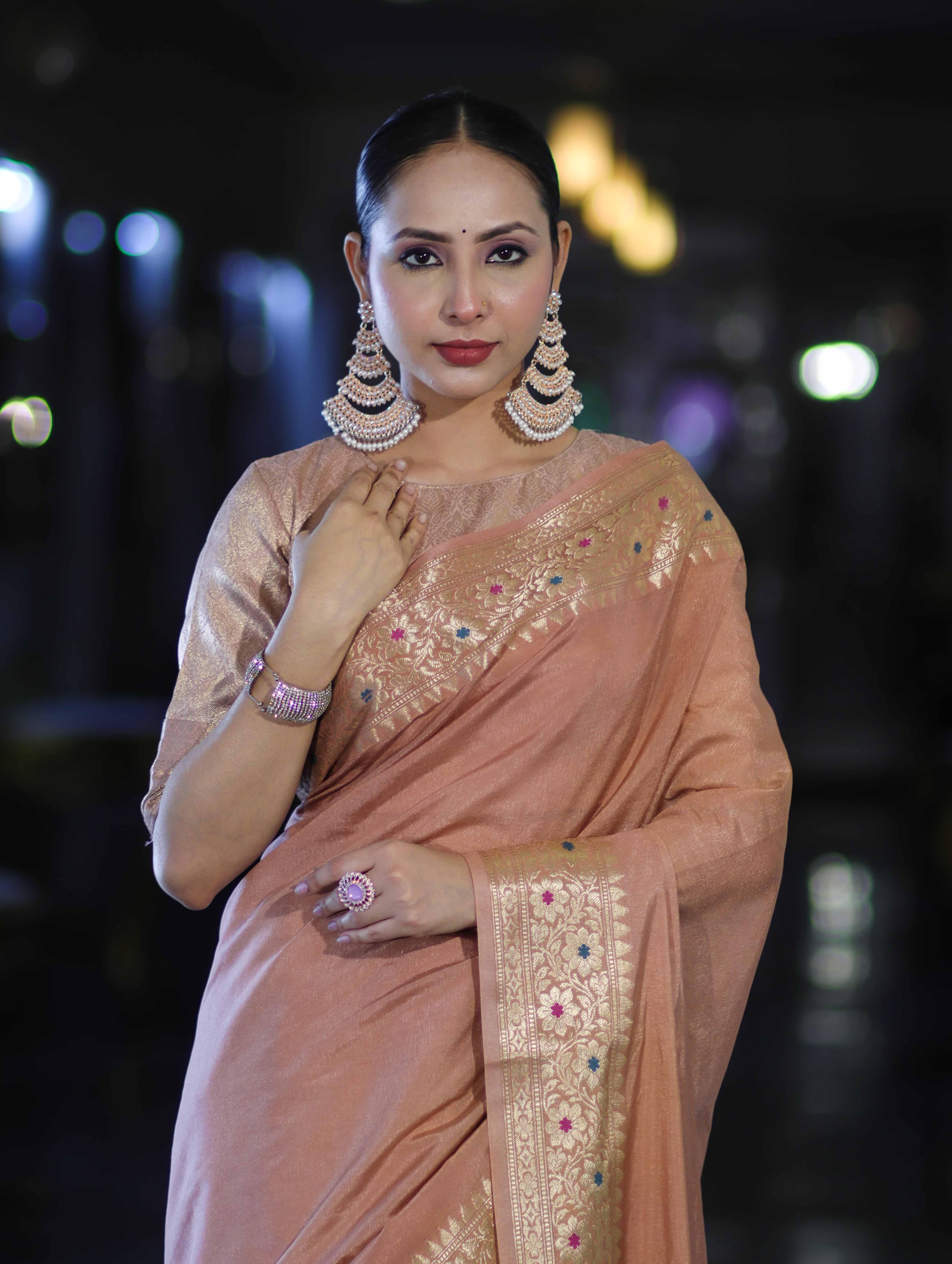 Banarasee Handloom Semi Silk Plain Saree With Zari Woven Border-Dusty Peach