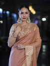 Banarasee Handloom Semi Silk Plain Saree With Zari Woven Border-Dusty Peach
