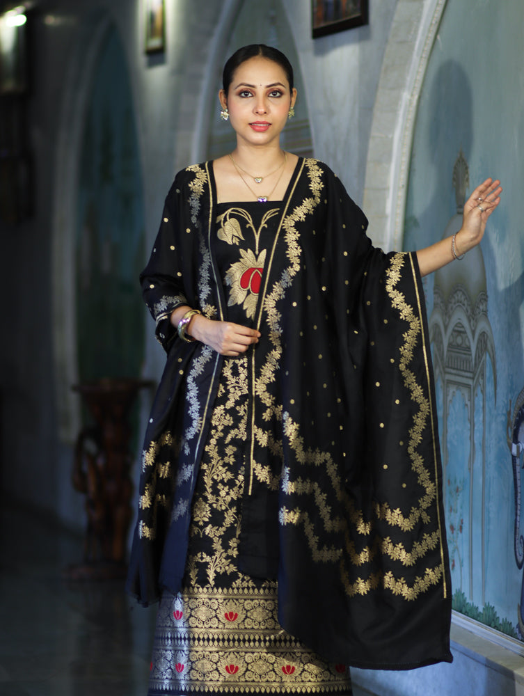 Banarasee Semi Katan Zari Work Salwar Kameez Fabric With Dupatta Set-Black