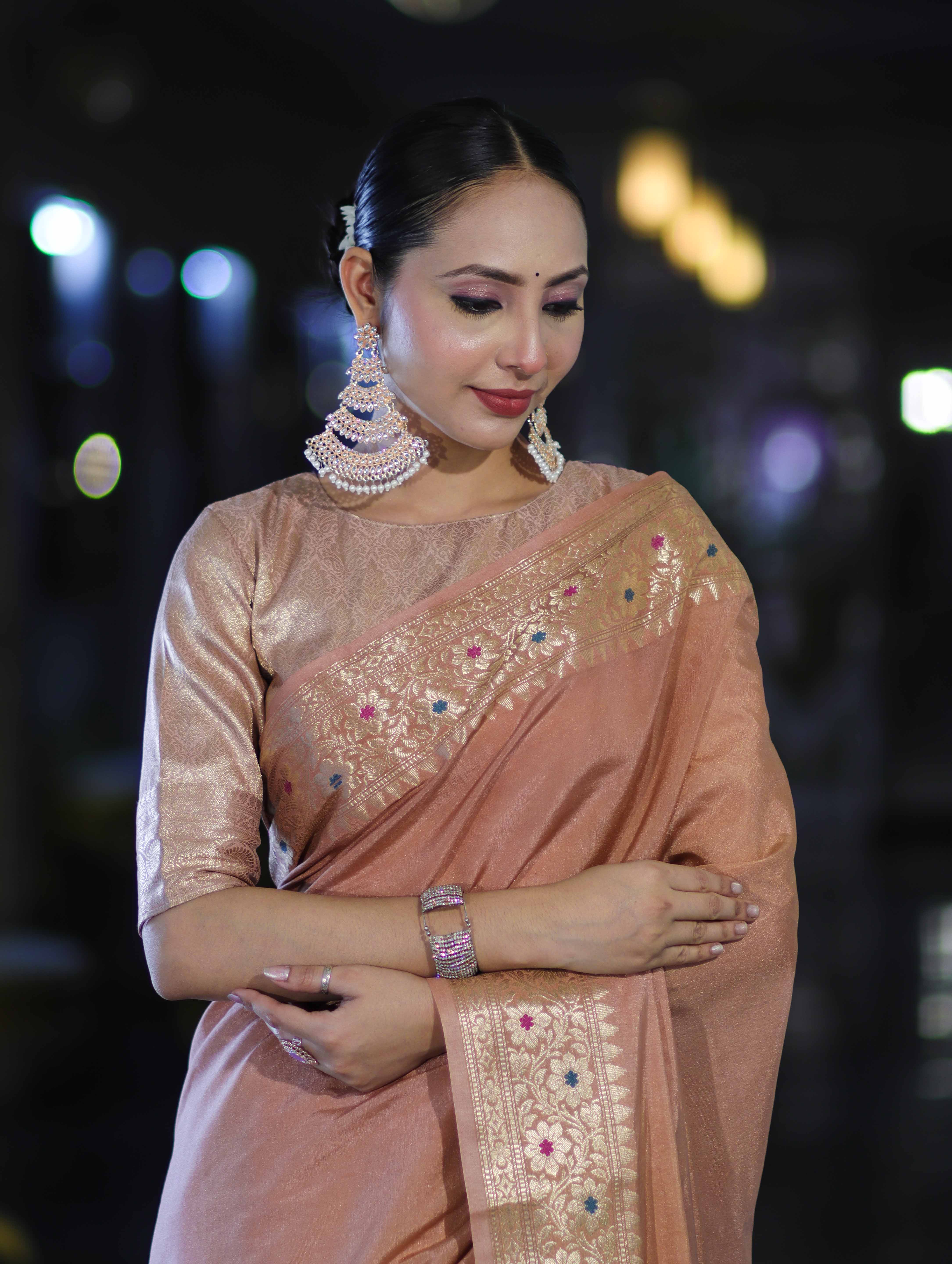 Banarasee Handloom Semi Silk Plain Saree With Zari Woven Border-Dusty Peach