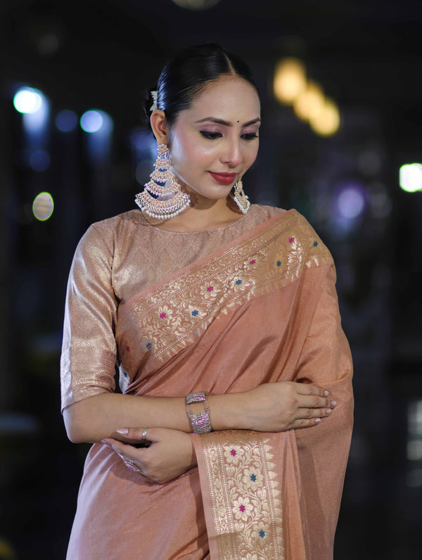 Banarasee Handloom Semi Silk Plain Saree With Zari Woven Border-Dusty Peach