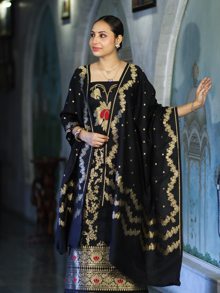 Banarasee Semi Katan Zari Work Salwar Kameez Fabric With Dupatta Set-Black