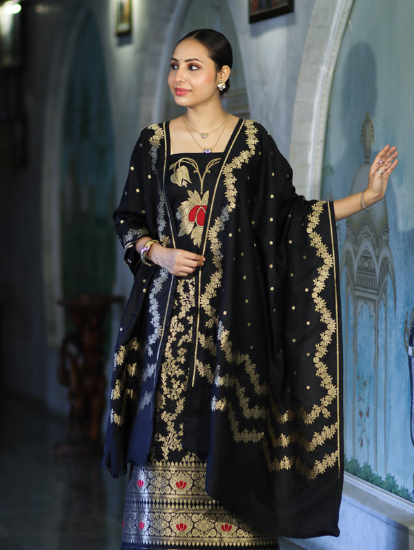 Banarasee Semi Katan Zari Work Salwar Kameez Fabric With Dupatta Set-Black
