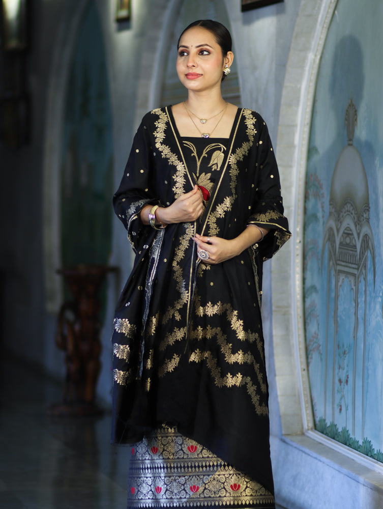 Banarasee Semi Katan Zari Work Salwar Kameez Fabric With Dupatta Set-Black