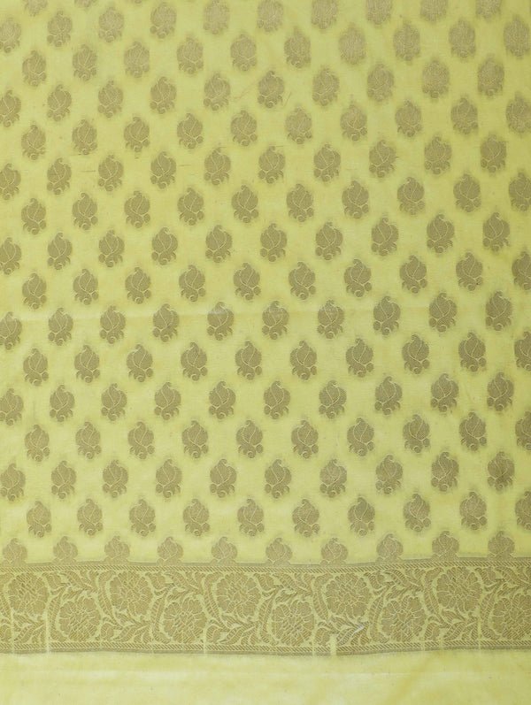 Banarasee Semi-Silk Zari Buti Work Salwar Kameez Fabric With Contrast Dupatta Set-Light Yellow & Blue